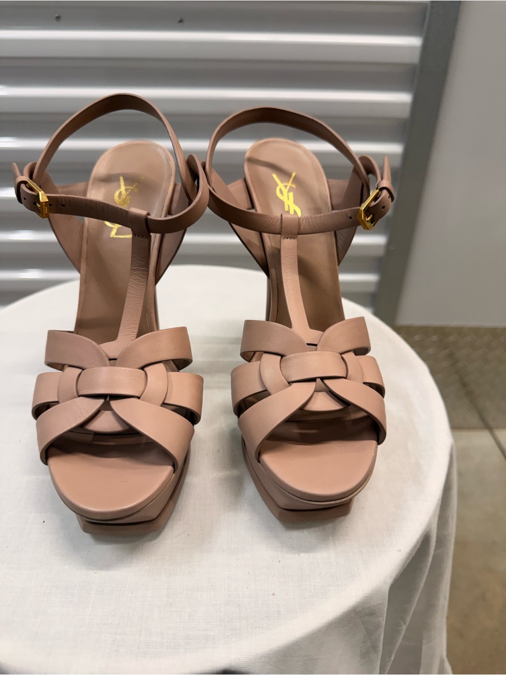 Saint Laurent Nude Leather T-Strap Platform Sandals